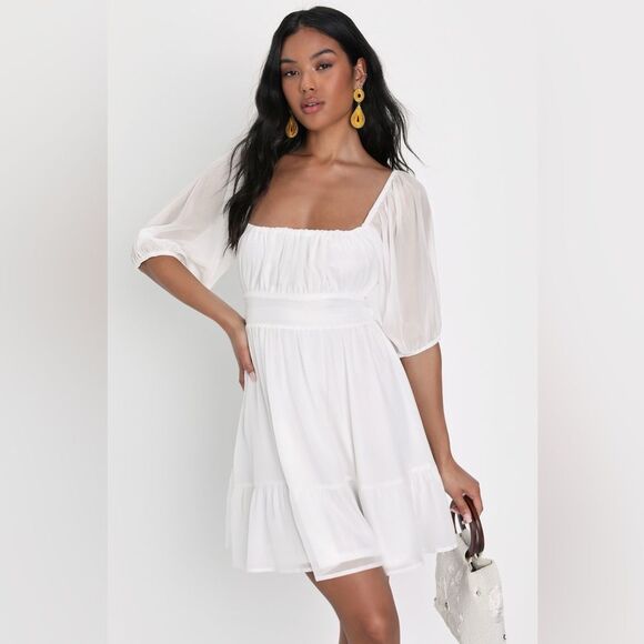 Lulus Ethereal Arrival Mini Dress Medium White Chiffon Luminous Cottagecore Boho - Picture 1 of 13